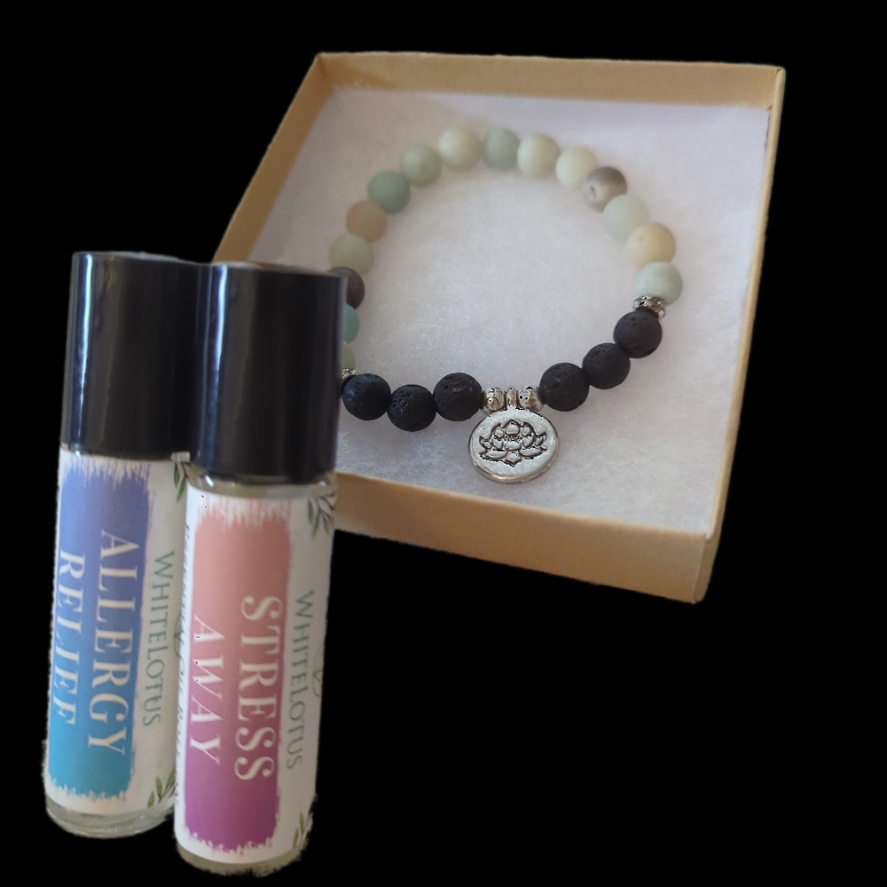 WHITE LOTUS ESSENTIAL OILS AMAZONITE &:LAVA BRACELET & 2 ESSENTIAL OIL ROLL-ONS